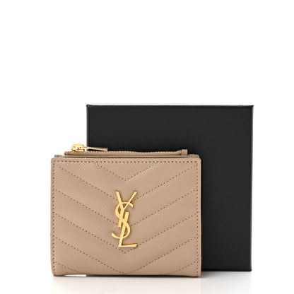Saint Laurent Grain De Poudre Matelasse Chevron Monogram Zipped Card Case Dark Beige 10 of 10