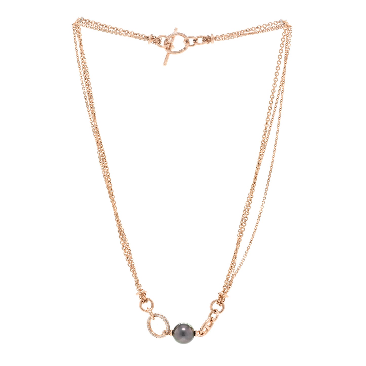 18K Rose Gold Diamond Black Tahitian Cultured Pearl Albertine Necklace ST