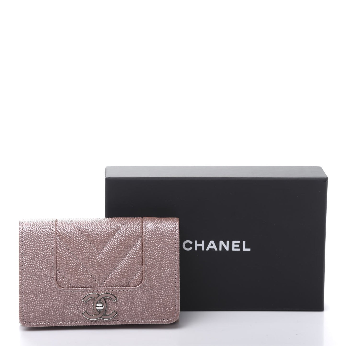 Metallic Caviar Chevron Quilted Vintage Mademoiselle Flap Card Holder Pink