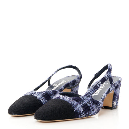 Chanel Tweed Cap Toe CC Slingback Pumps 36.5 Navy Blue Black 3 of 9