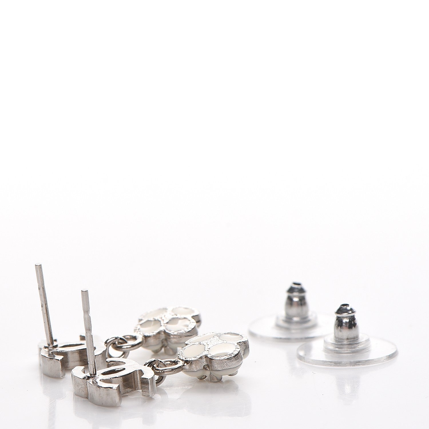 Chanel Enamel CC Camellia Drop Earrings Silver 2 of 4