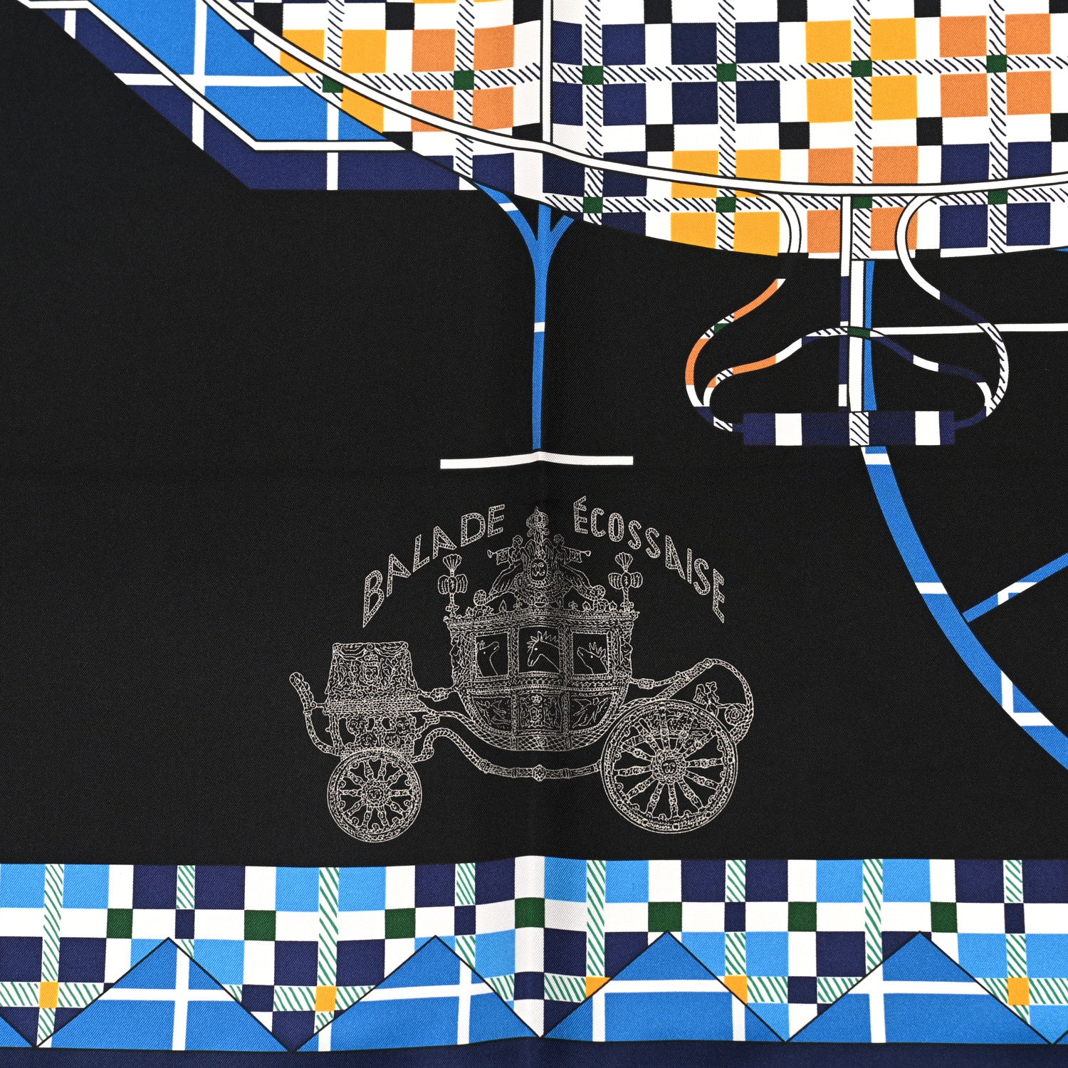 Hermes Silk Balade Ecossaise Scarf 90 Black Bleu Jaune D'or 3 of 5