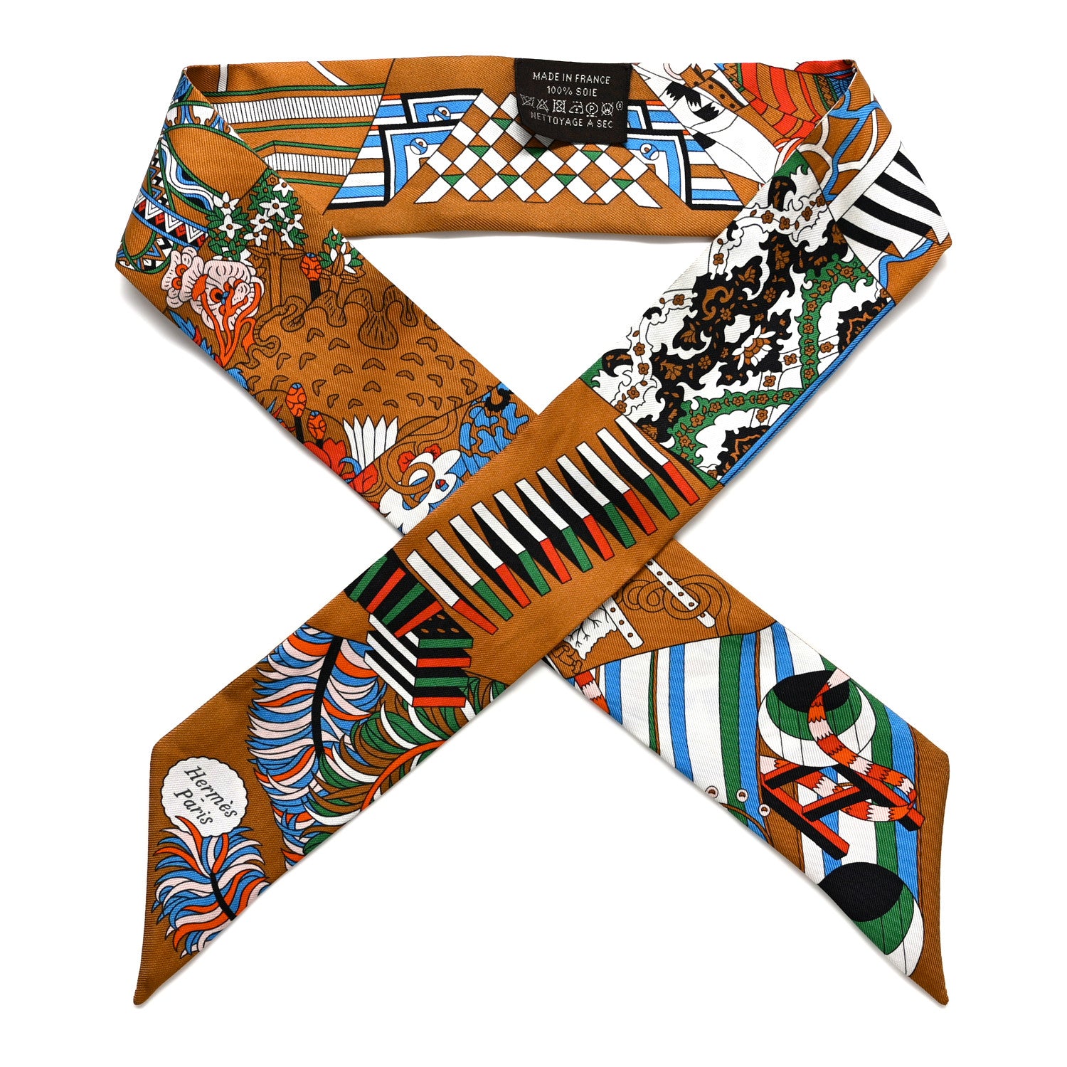 Hermes Silk De l'Ombrelle Aux Duels Twilly Caramel Vert Bleu 1 of 6