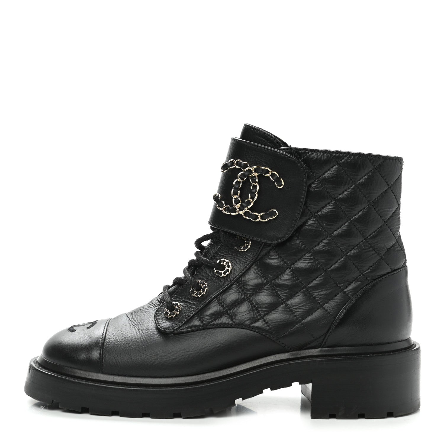 Chanel Shiny Goatskin Calfskin Quilted Lace Up Combat Boots 39 Black 1 of 10