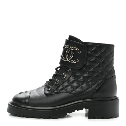 Chanel Shiny Goatskin Calfskin Quilted Lace Up Combat Boots 39 Black 1 of 10
