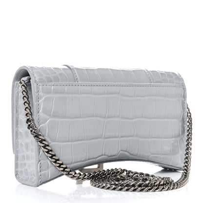 Balenciaga Shiny Calfskin Crocodile Embossed Hourglass Chain Bag Ash Blue 3 of 15