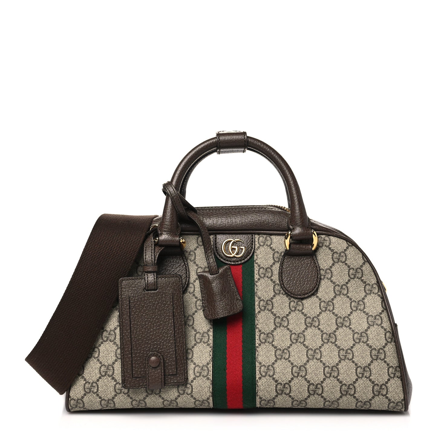 GG Supreme Monogram Textured Dollar Calfskin Web Medium Ophidia Top Handle Bowler Bag Beige Ebony New Acero