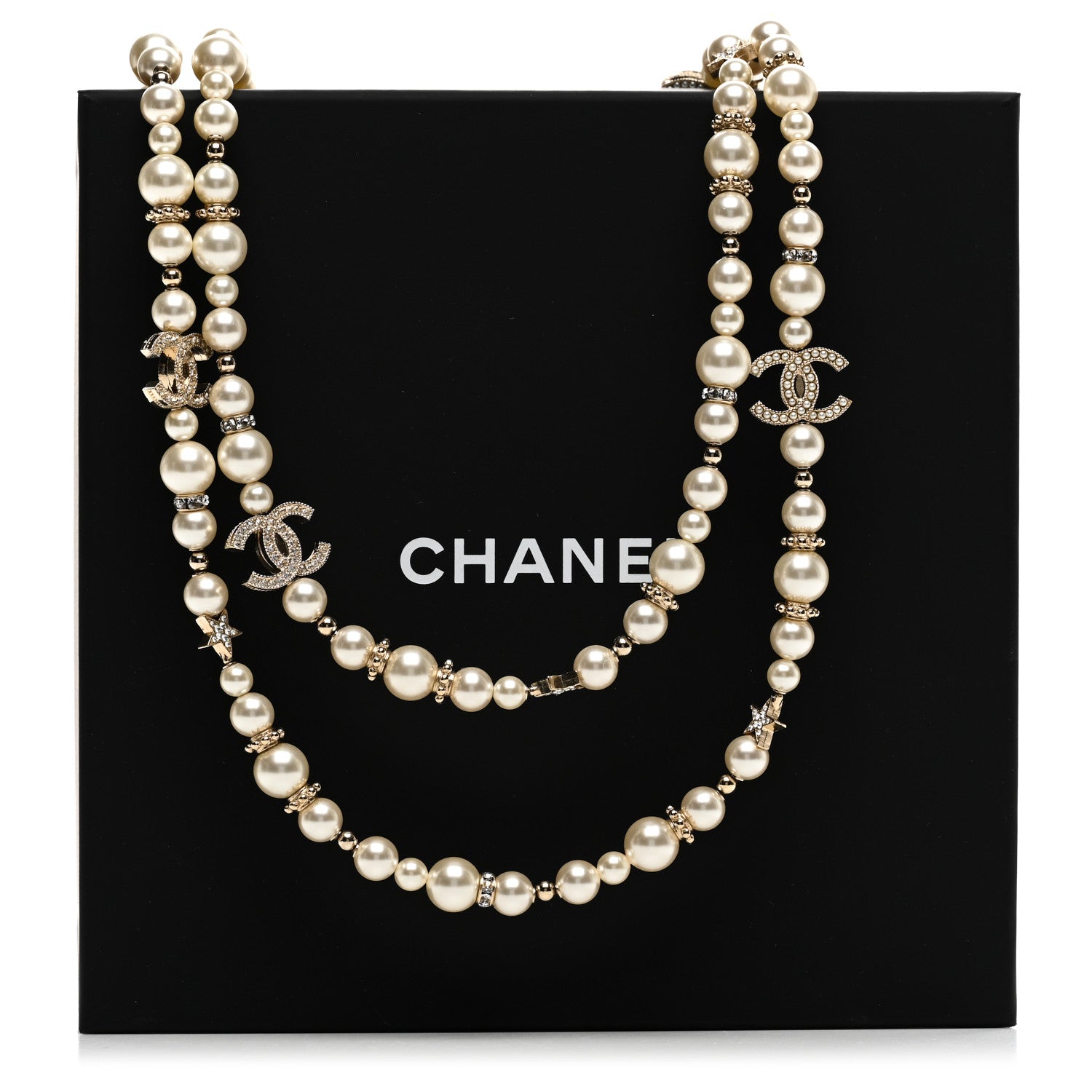 Chanel Metal Crystal Pearl CC Star Long Necklace Gold 6 of 6
