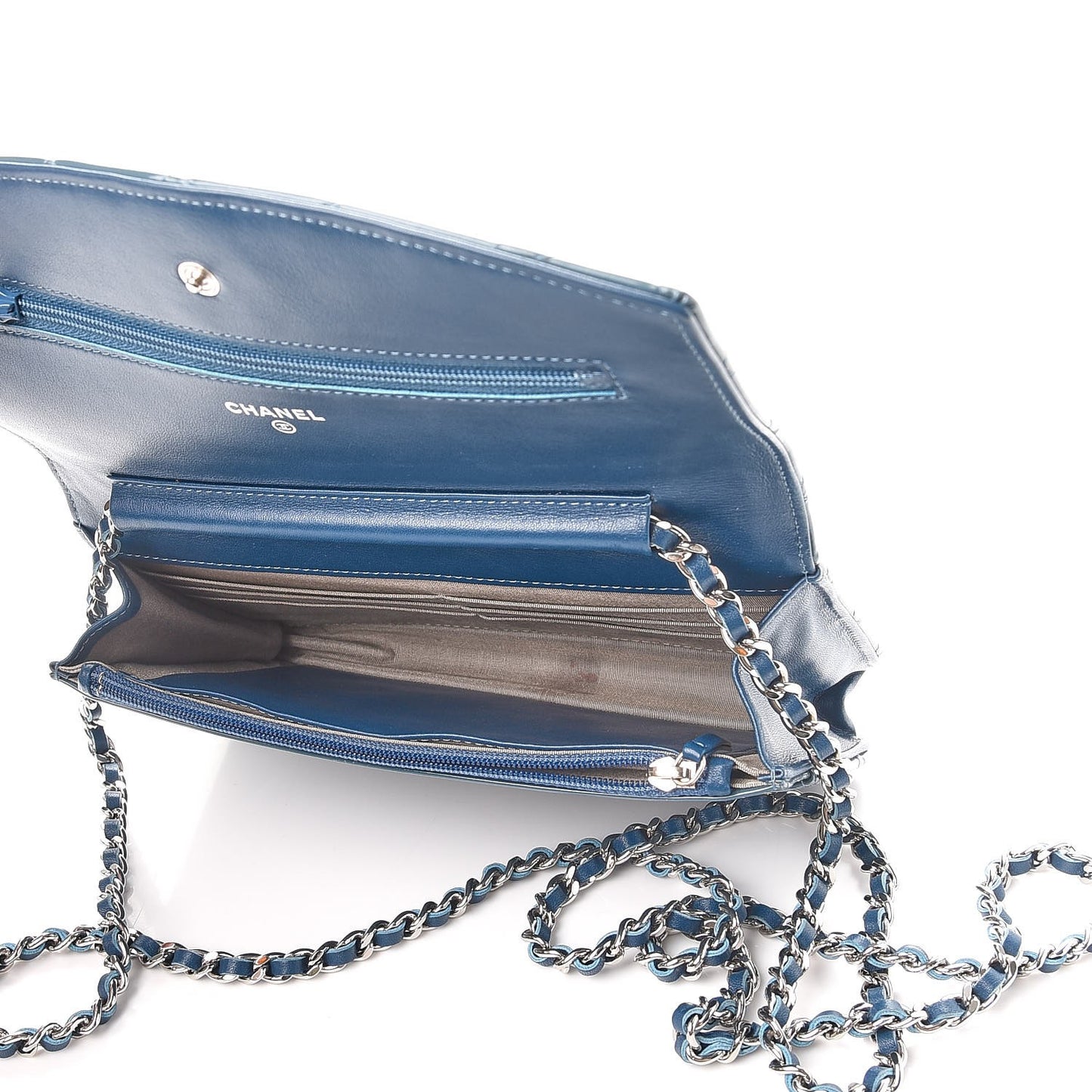 Patent Quilted Brilliant Wallet On Chain WOC Blue
