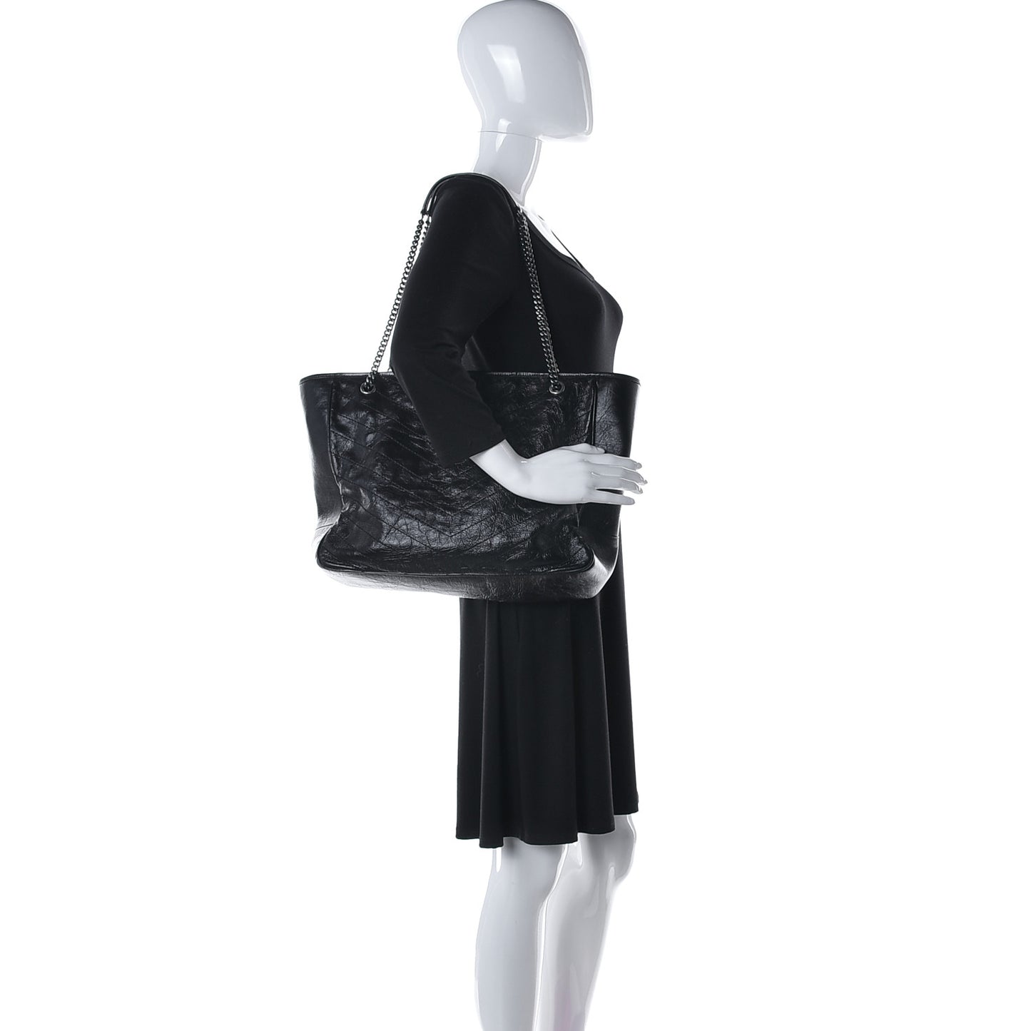 Crinkled Calfskin Matelasse Monogram Large Niki Shopping Tote Bag Black