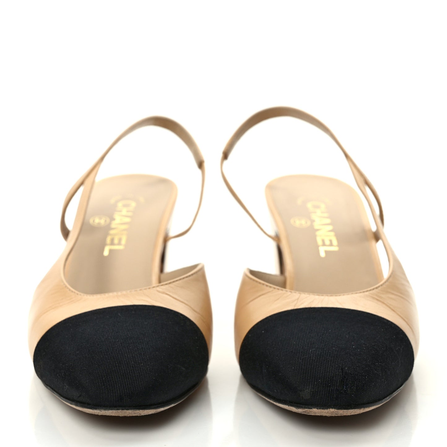 Goatskin Grosgrain Cap Toe CC Slingback Pumps 40 Beige Black