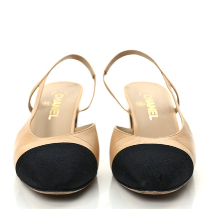 Chanel Goatskin Grosgrain Cap Toe CC Slingback Pumps 40 Beige Black 2 of 8