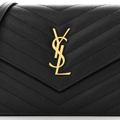 Saint Laurent Grain De Poudre Matelasse Chevron Monogram Envelope Chain Wallet Black 8 of 12