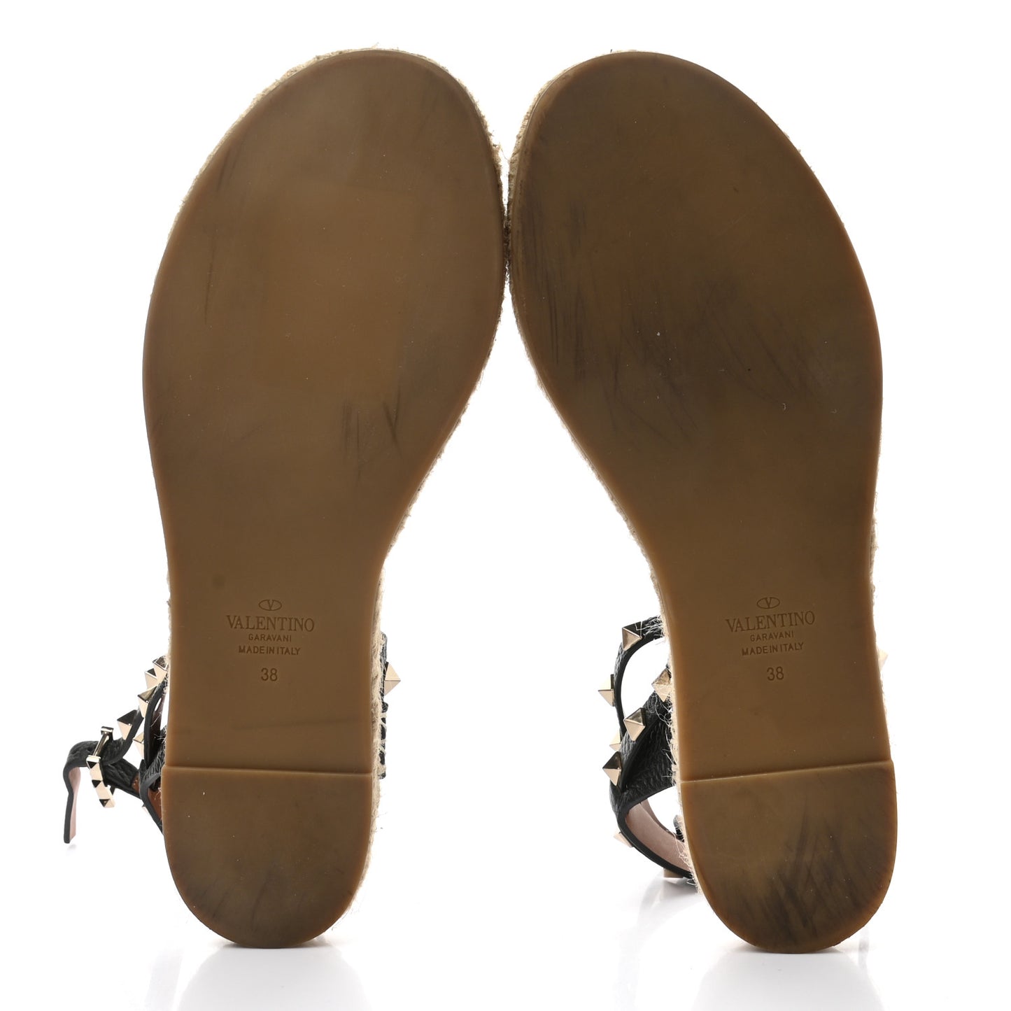 Grained Calfskin Rockstud Ankle Strap Espadrille Flat Sandals 38 Black