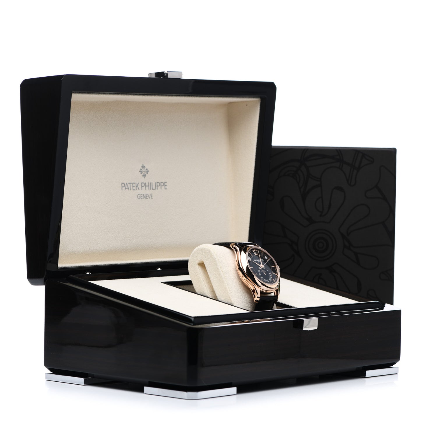 18K Rose Gold Alligator Annual Calendar Moonphase Automatic Watch Black 5205R-010