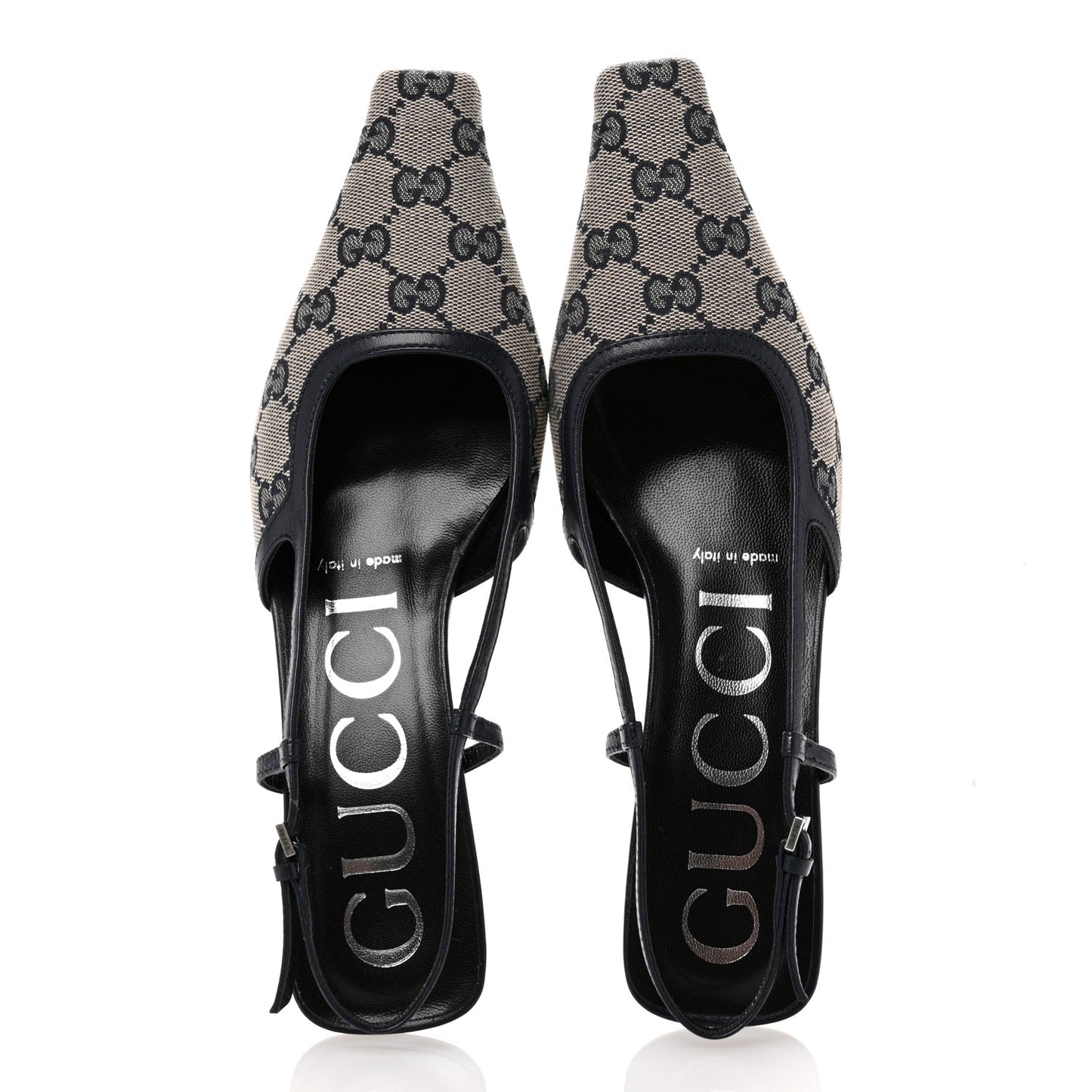 GG Monogram Malaga Kid Square G 35mm Slingback Pumps 36.5 Beige Blue