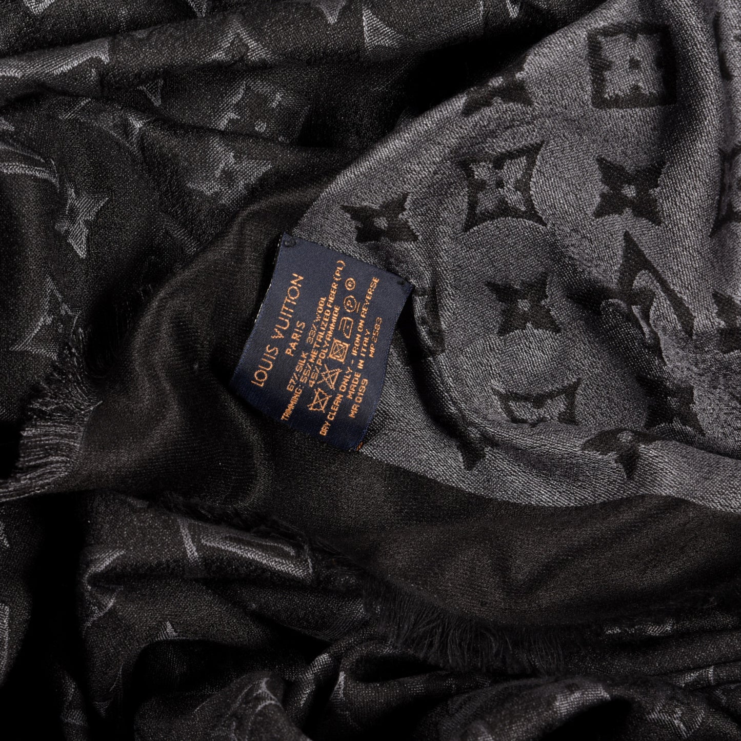 Silk Wool Monogram Shawl Black Grey