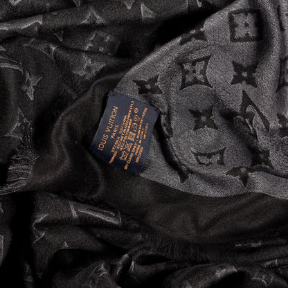 Louis Vuitton Silk Wool Monogram Shawl Black Grey 4 of 4