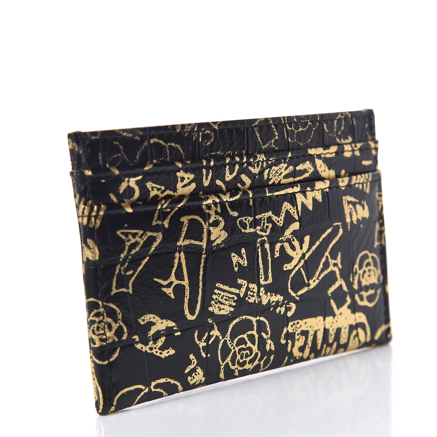 Chanel Calfskin Crocodile Embossed Graffiti 2.55 Cocodile Reissue Card Holder Black Gold 3 of 9