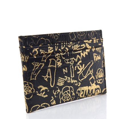 Chanel Calfskin Crocodile Embossed Graffiti 2.55 Cocodile Reissue Card Holder Black Gold 3 of 9