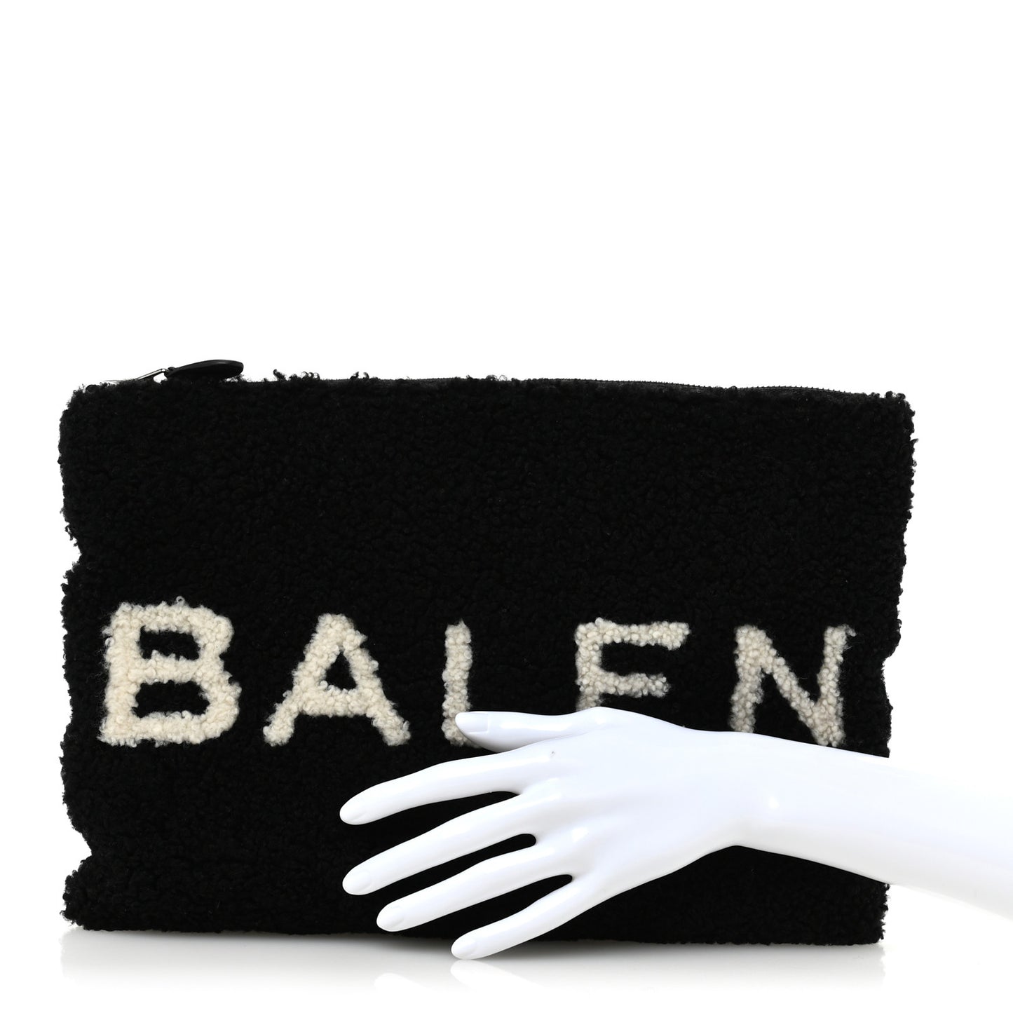 Sheepskin Shearling Contrasted Logo Large Zip Pouch Black