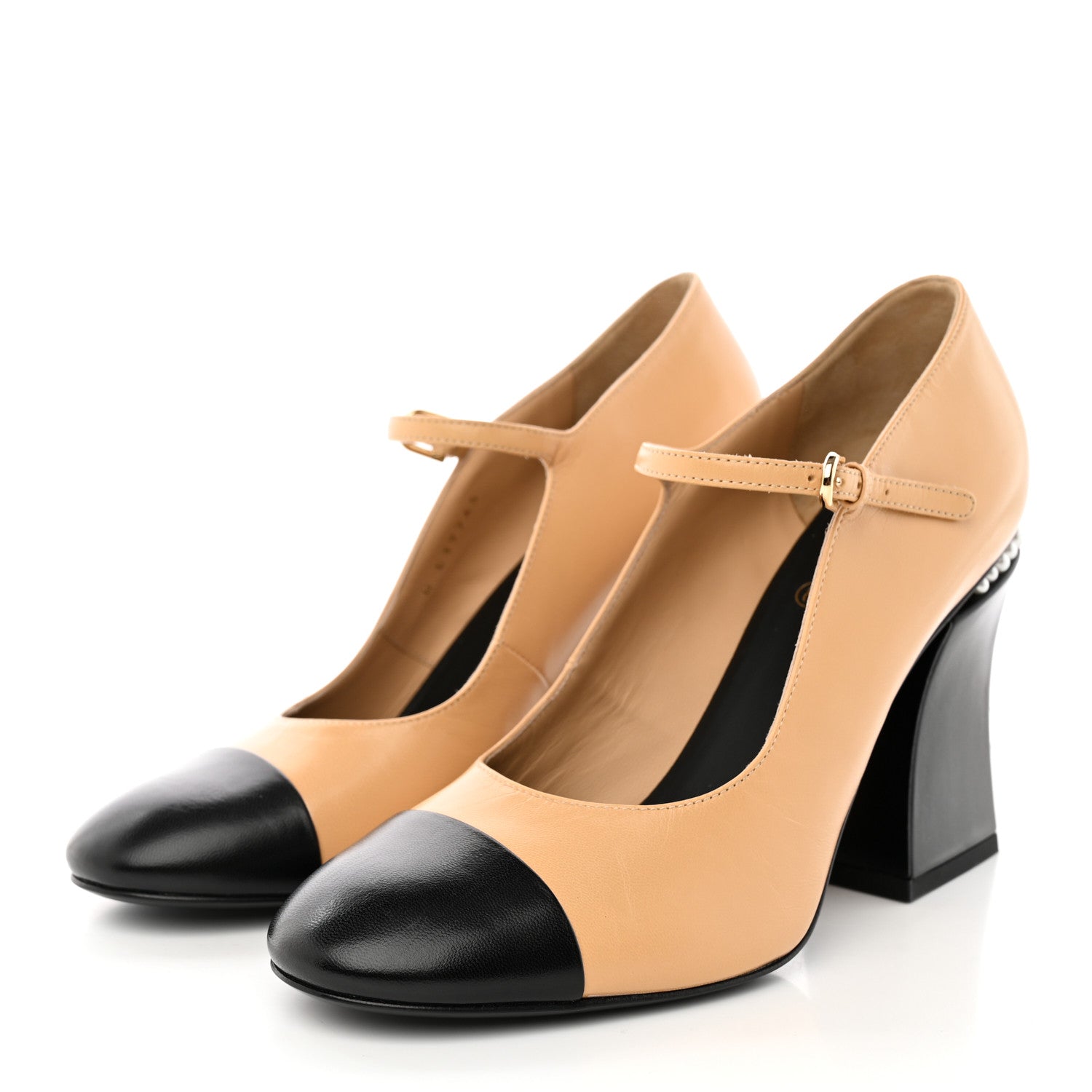 Chanel Shiny Goatskin Pearls Cap Toe Open Slingback Pumps 39.5 Beige Black 3 of 12