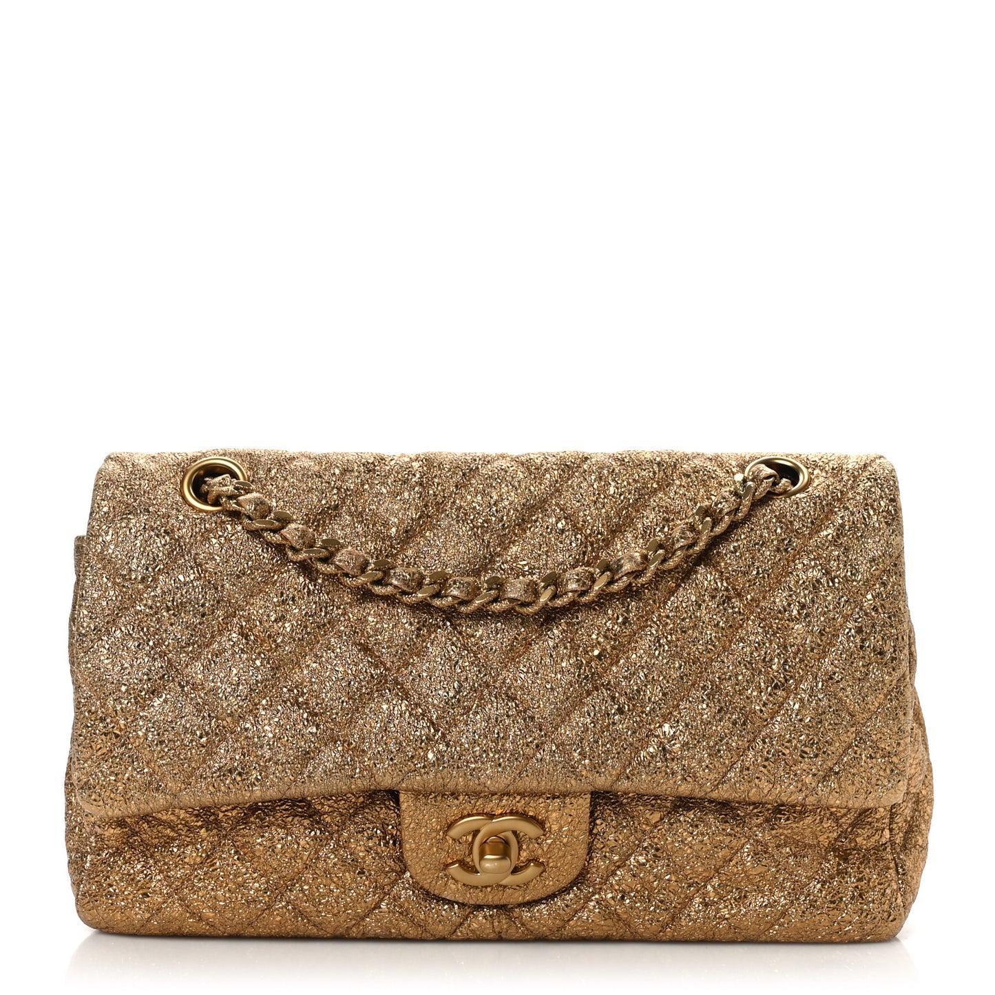 Metallic Crackled Calfskin Quilted Medium Double Flap Dark Gold