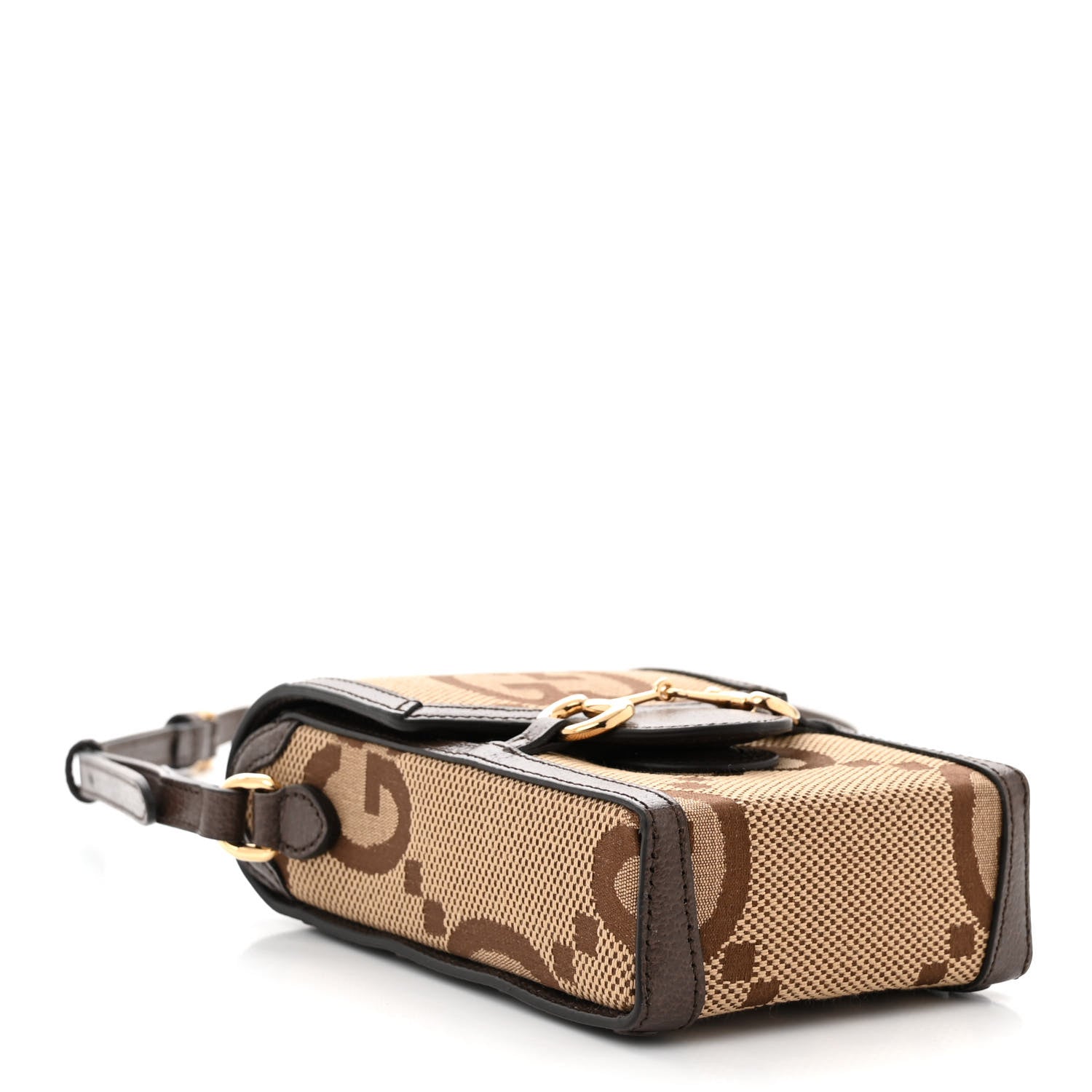 Gucci Monogram Jumbo GG Textured Dollar Calfskin Mini Horsebit 1955 Crossbody Bag Camel Ebony New Acero 4 of 11