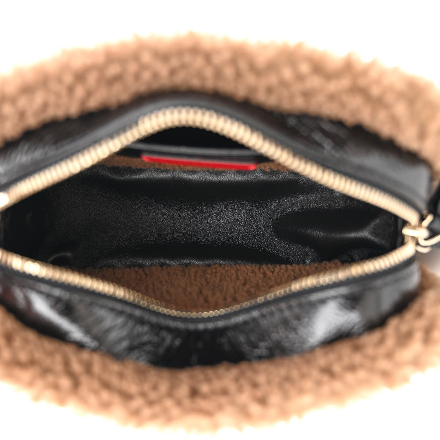Textured Patent Calfskin Shearling Small Rockstud Camera Crossbody Bag Black