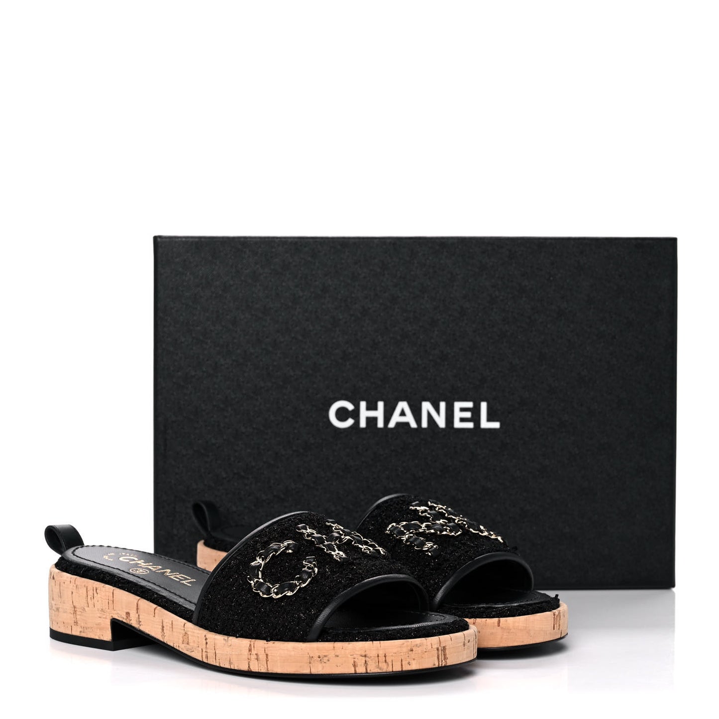 Tweed Cork CC Chain Mule Sandal 37 Black