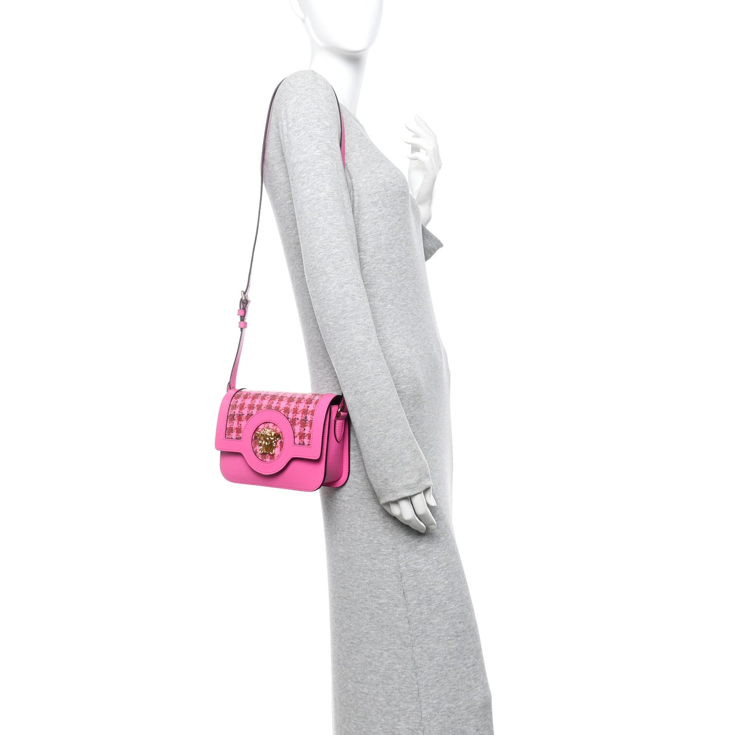 Calfskin Vinyl Small Houndstooth La Medusa Crossbody Bag  Red Fuchsia