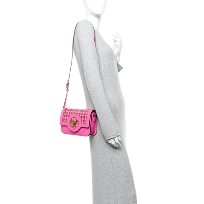 Versace Calfskin Vinyl Small Houndstooth La Medusa Crossbody Bag  Red Fuchsia 2 of 10