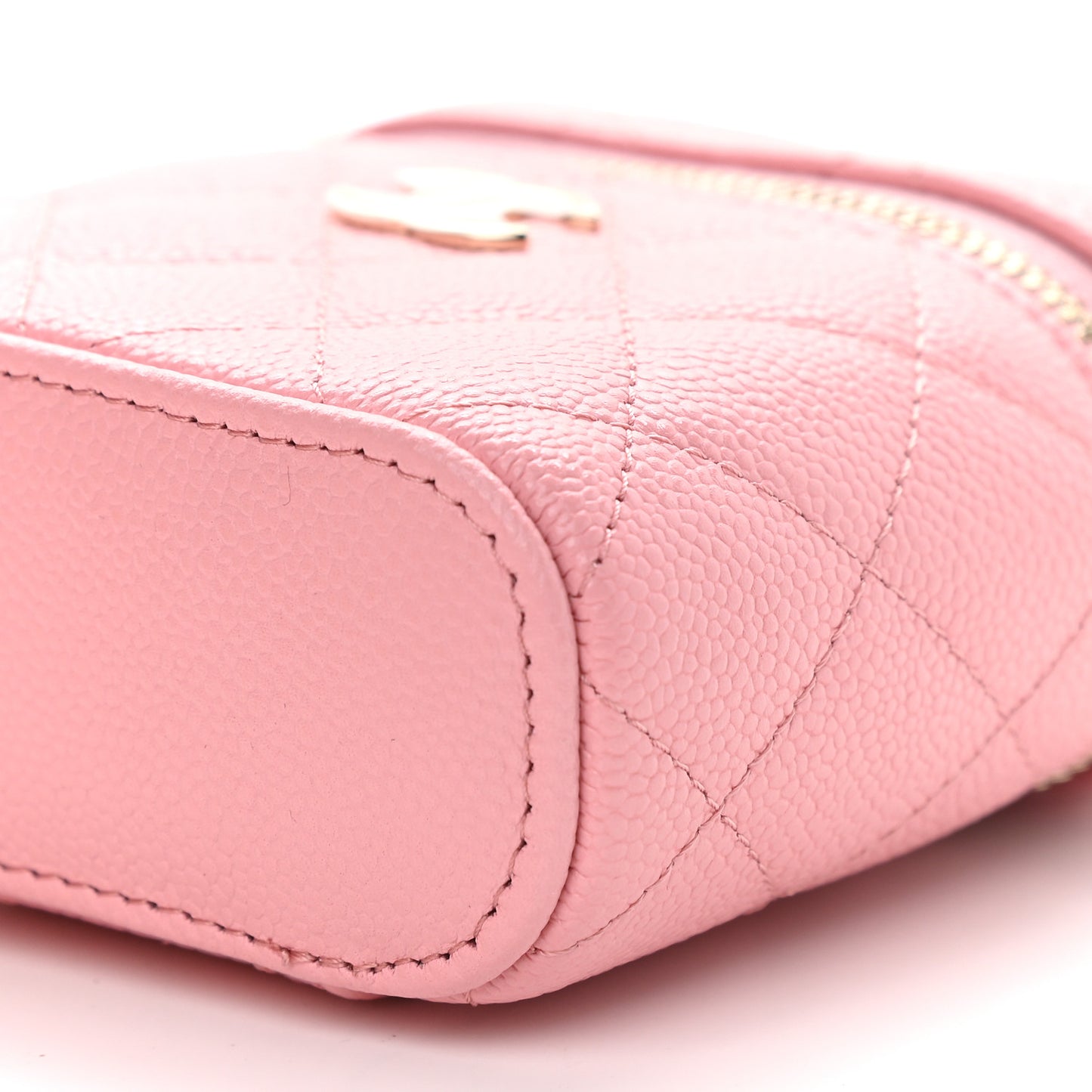 Caviar Quilted Small Handle With Care Vanity Case With Chain Pink