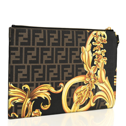 Fendi X VERSACE Glazed Fabric Vitello Cover Fendace FF Baroque Large Flat Pouch Black Gold 3 of 8
