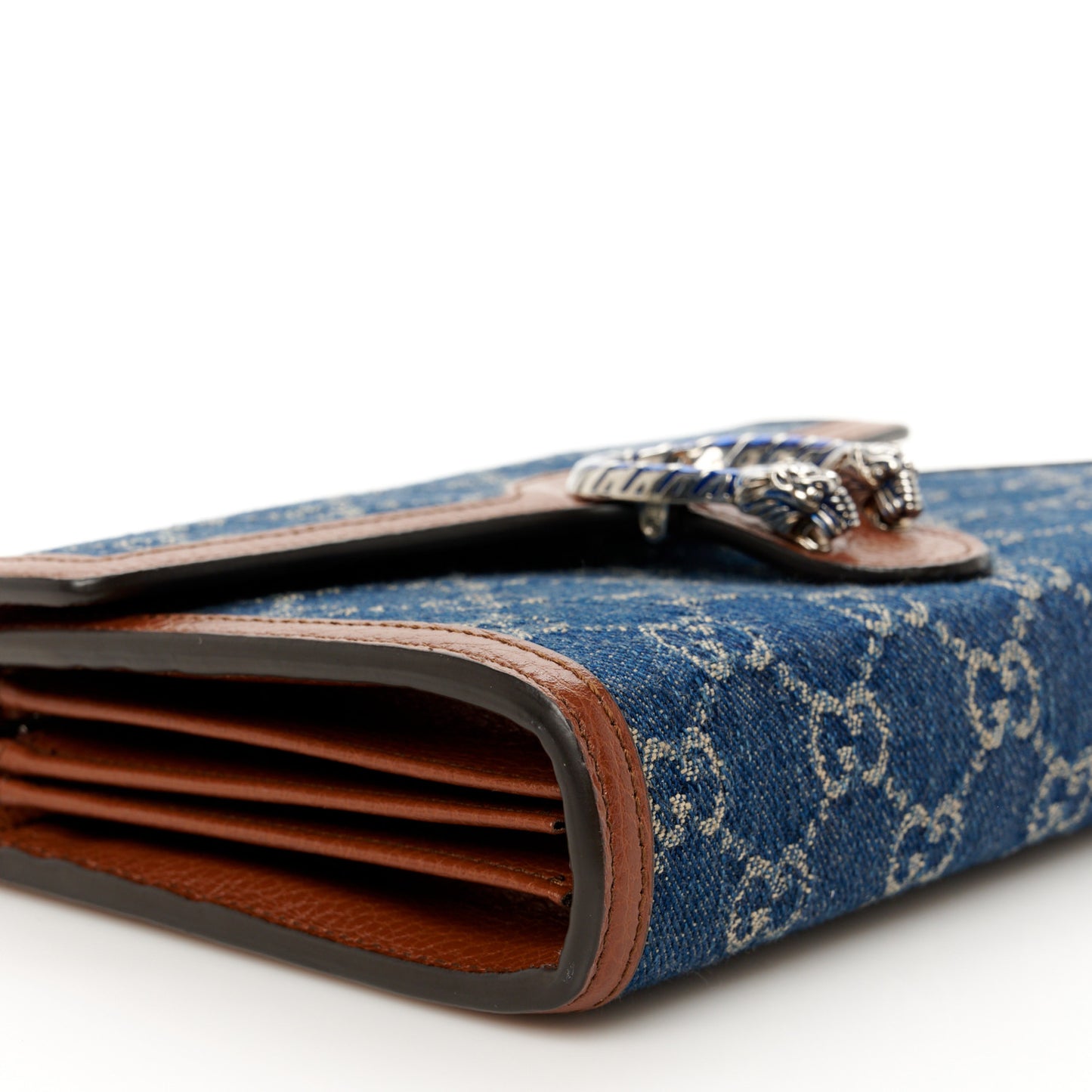 New Denim GG Monogram Dollar Calfskin Enamel Mini Dionysus Chain Wallet Blue Tea Cuir Epilog Electric Blue