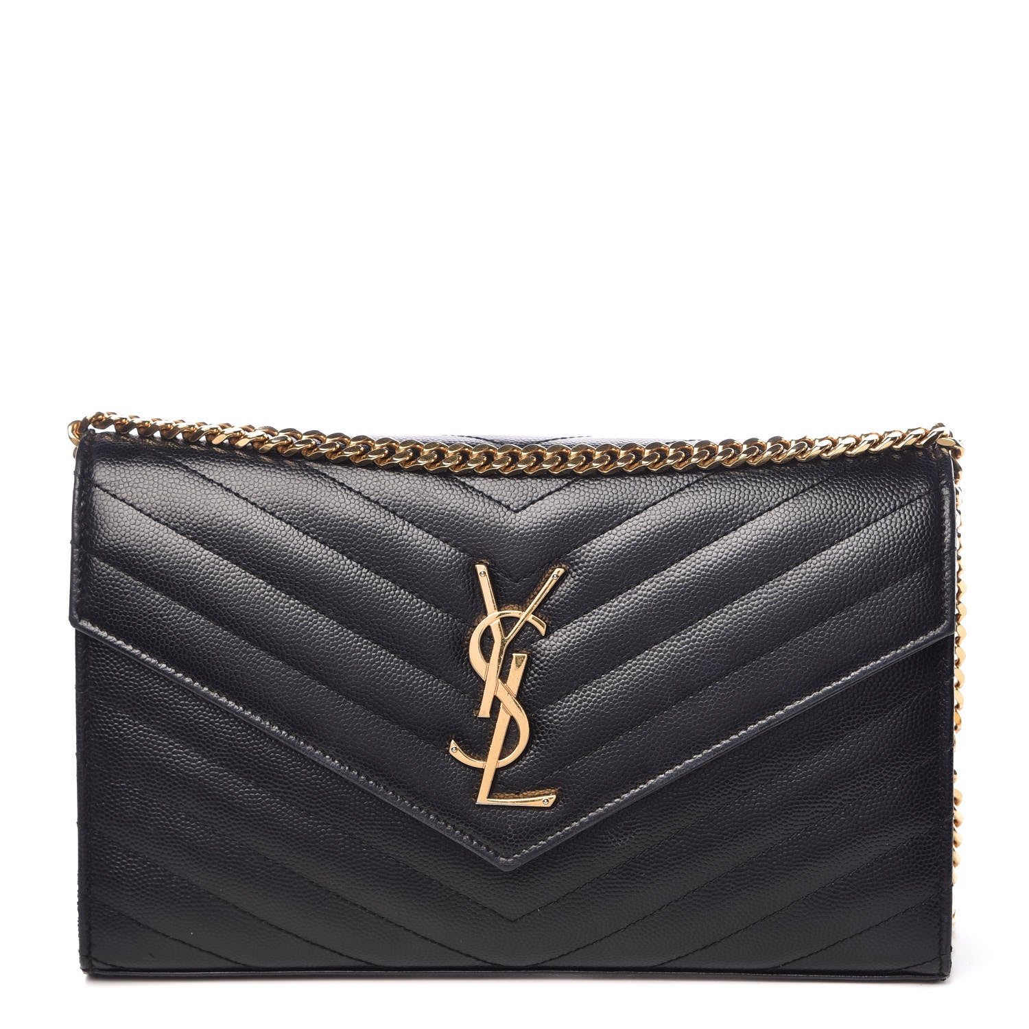 Saint Laurent Grain De Poudre Matelasse Chevron Medium Monogram Chain Wallet Black 1 of 10