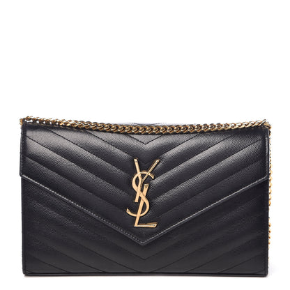 Saint Laurent Grain De Poudre Matelasse Chevron Medium Monogram Chain Wallet Black 1 of 10
