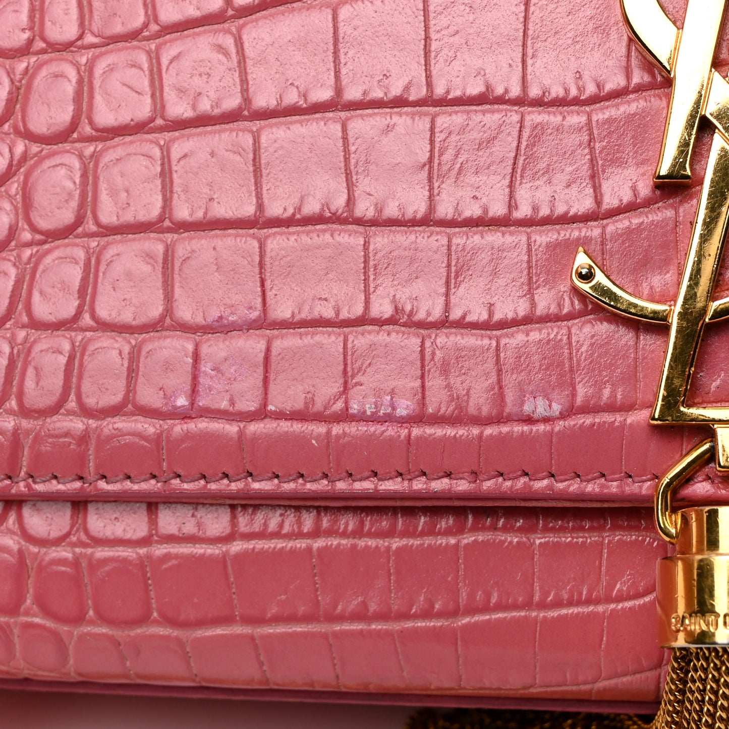 Calfskin Crocodile Embossed Medium Classic Monogram Kate Tassel Satchel Pink