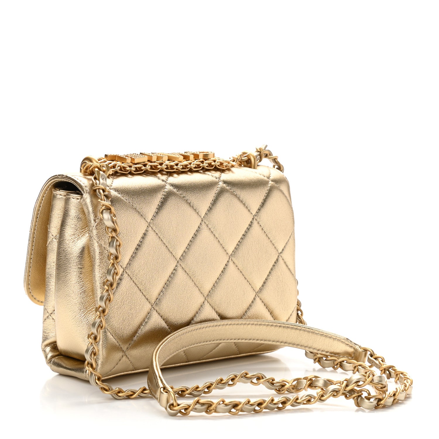 Chanel Metallic Lambskin Quilted Mini CC Crystal Logo Chain Flap Gold 3 of 11