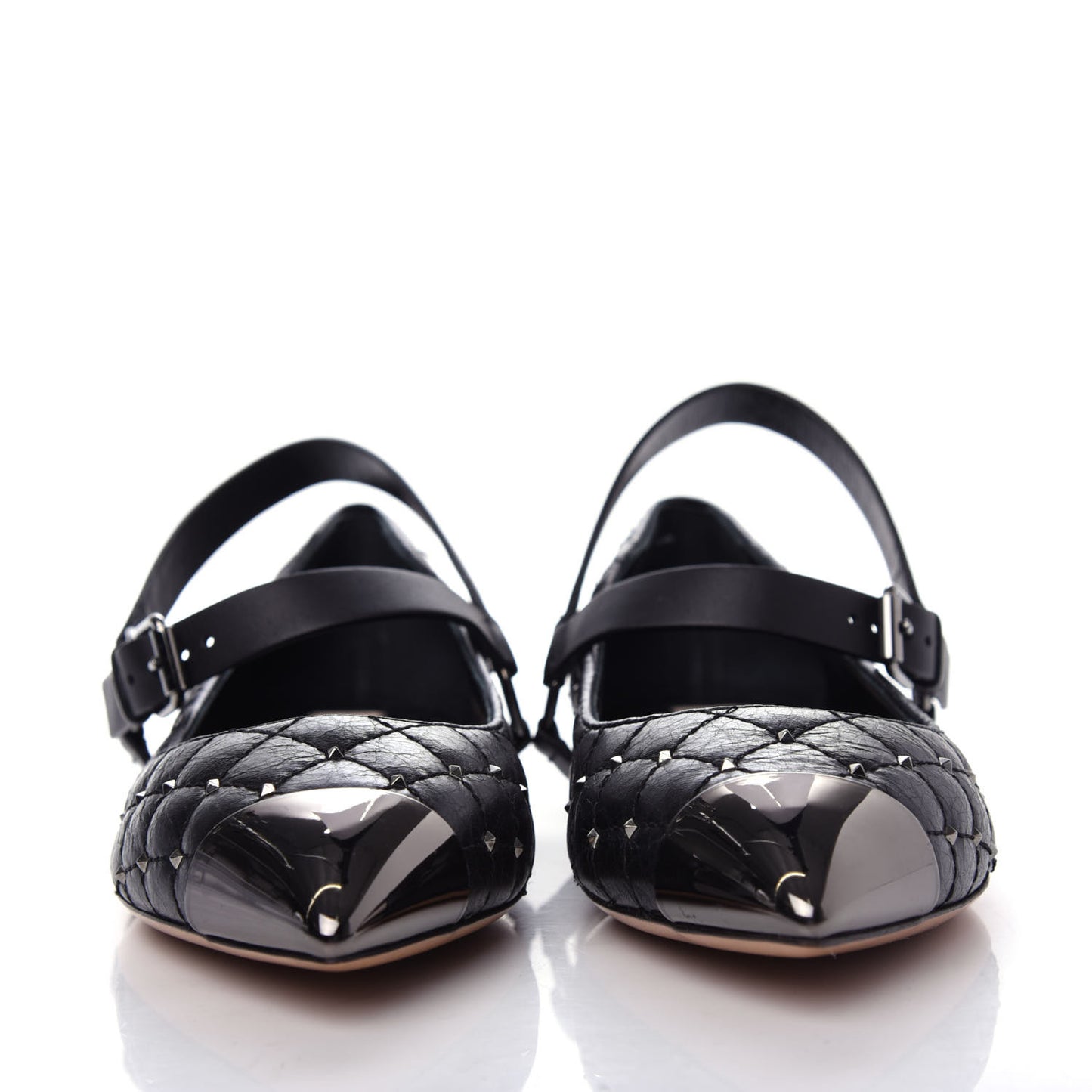 Crackled Lambskin Rockstud Spike Captoe Ballerina Flats 36.5 Black