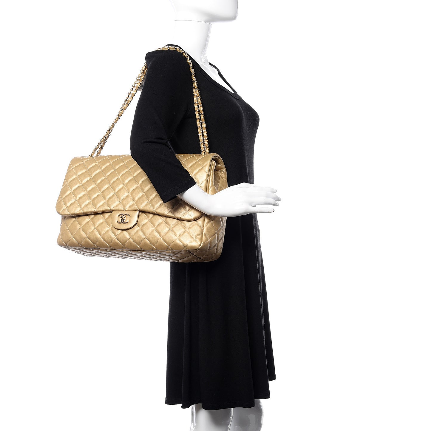 Metallic Calfskin Quilted Small XXL Travel Flap Bag Gold