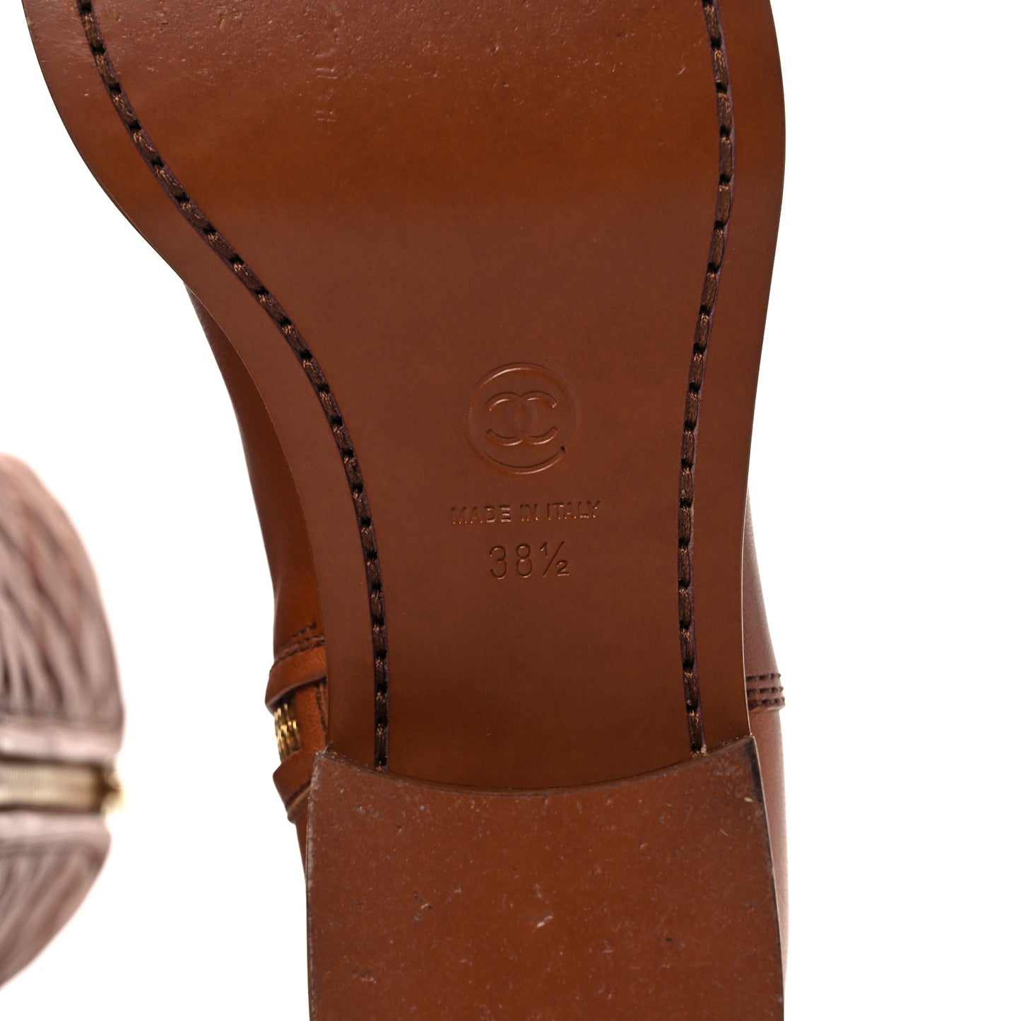 Calfskin Quilted CC Logo Mid Calf Boots 38.5 Caramel