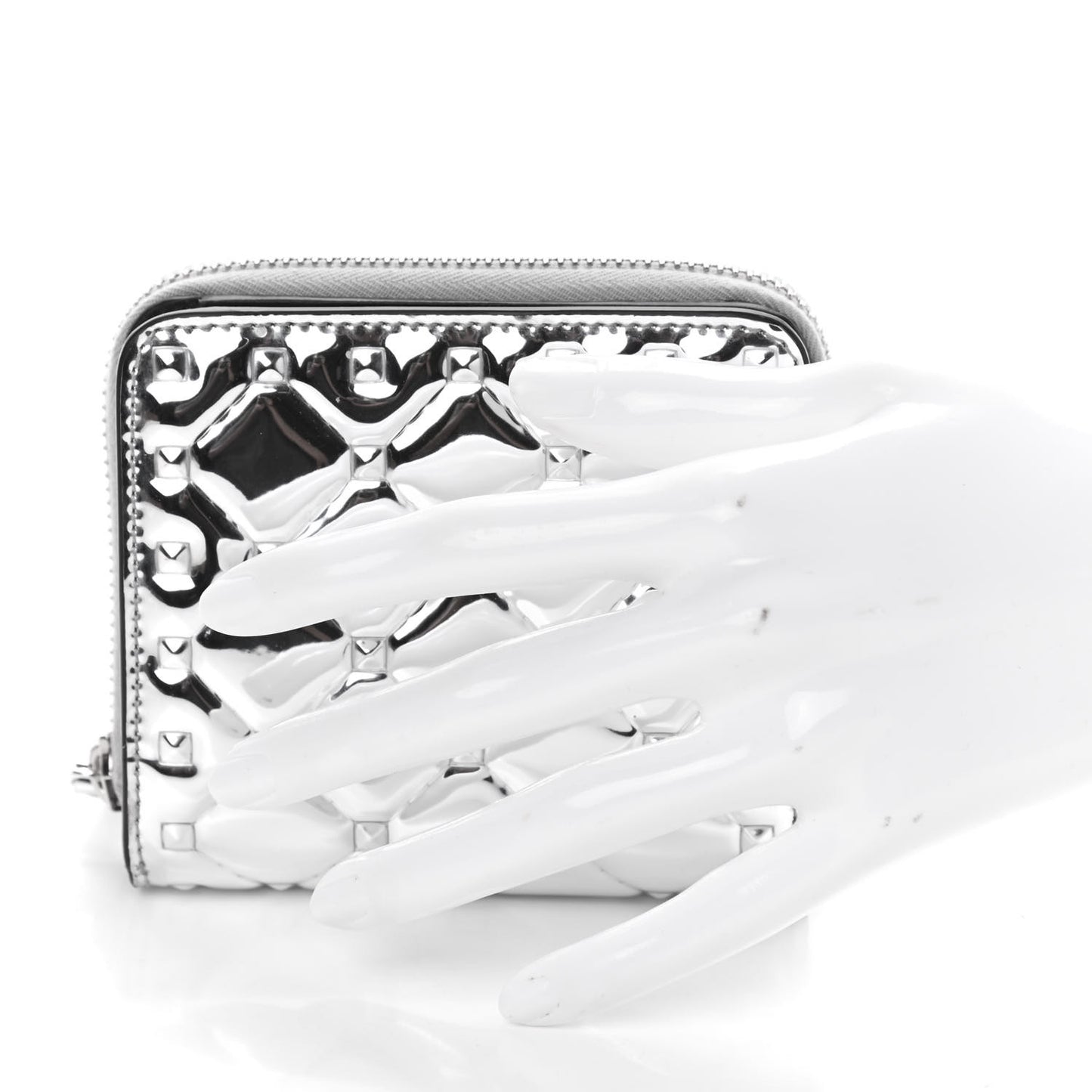 Metallic Patent Rockstud Spike Compact Zip Around Wallet Silver