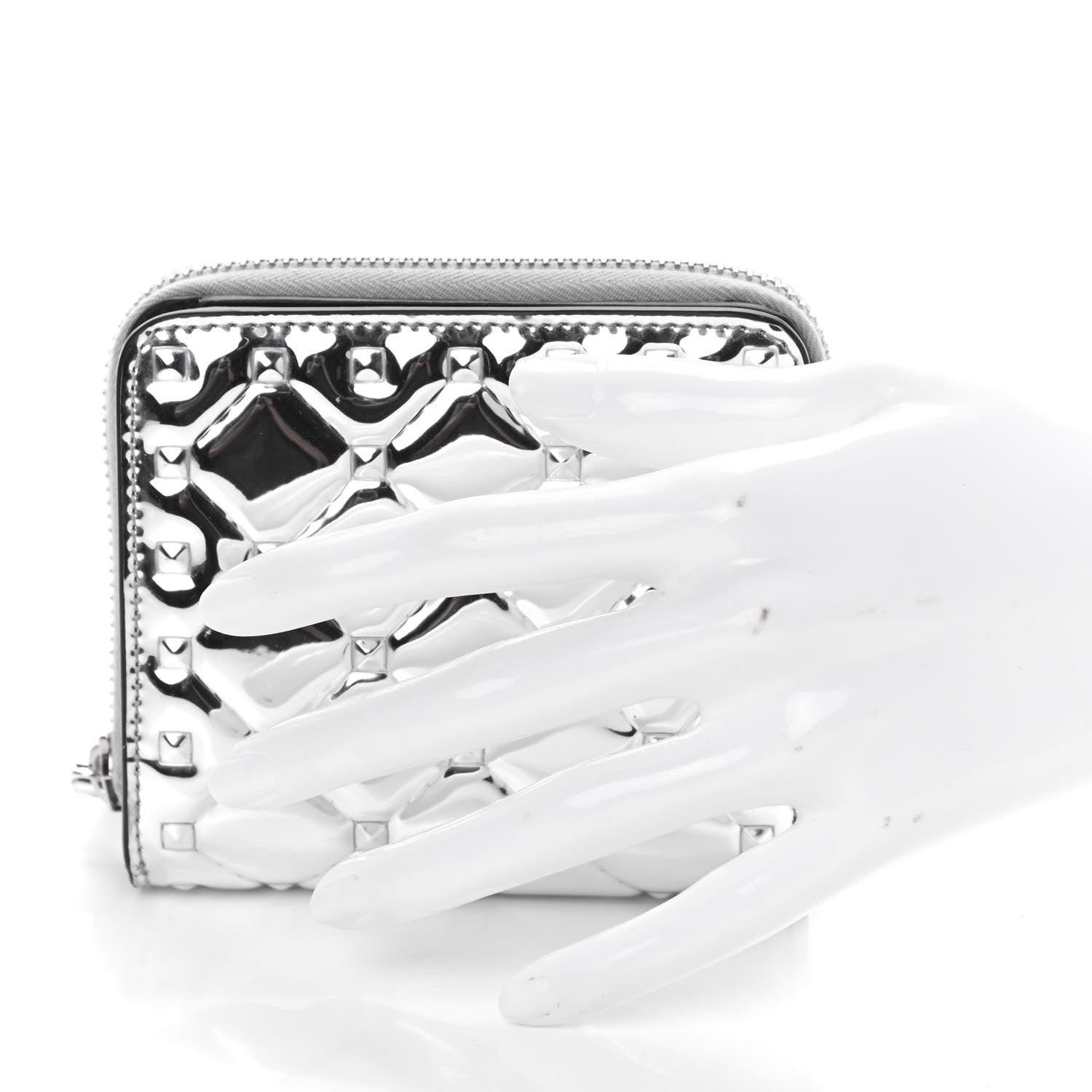 Valentino Garavani Metallic Patent Rockstud Spike Compact Zip Around Wallet Silver 2 of 7