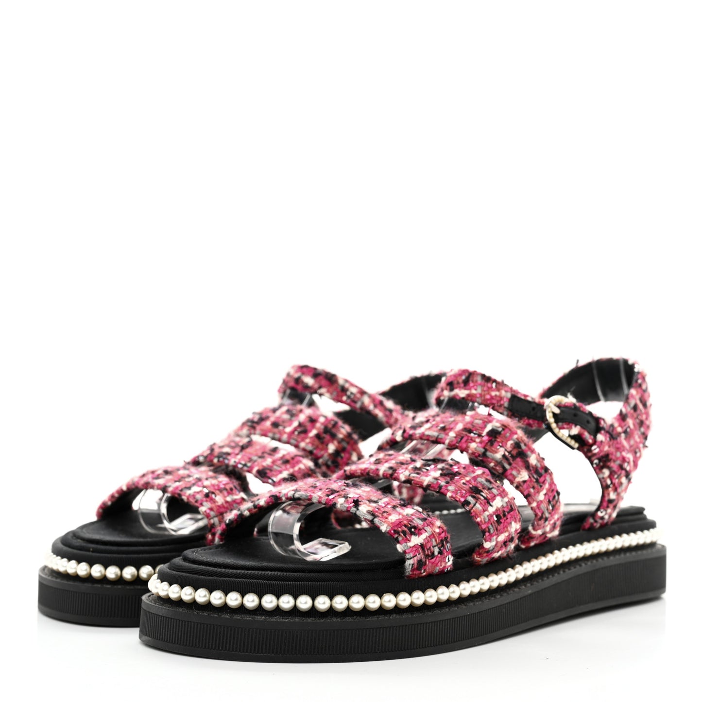Tweed Pearl Flat Sandals 37.5 Red Black