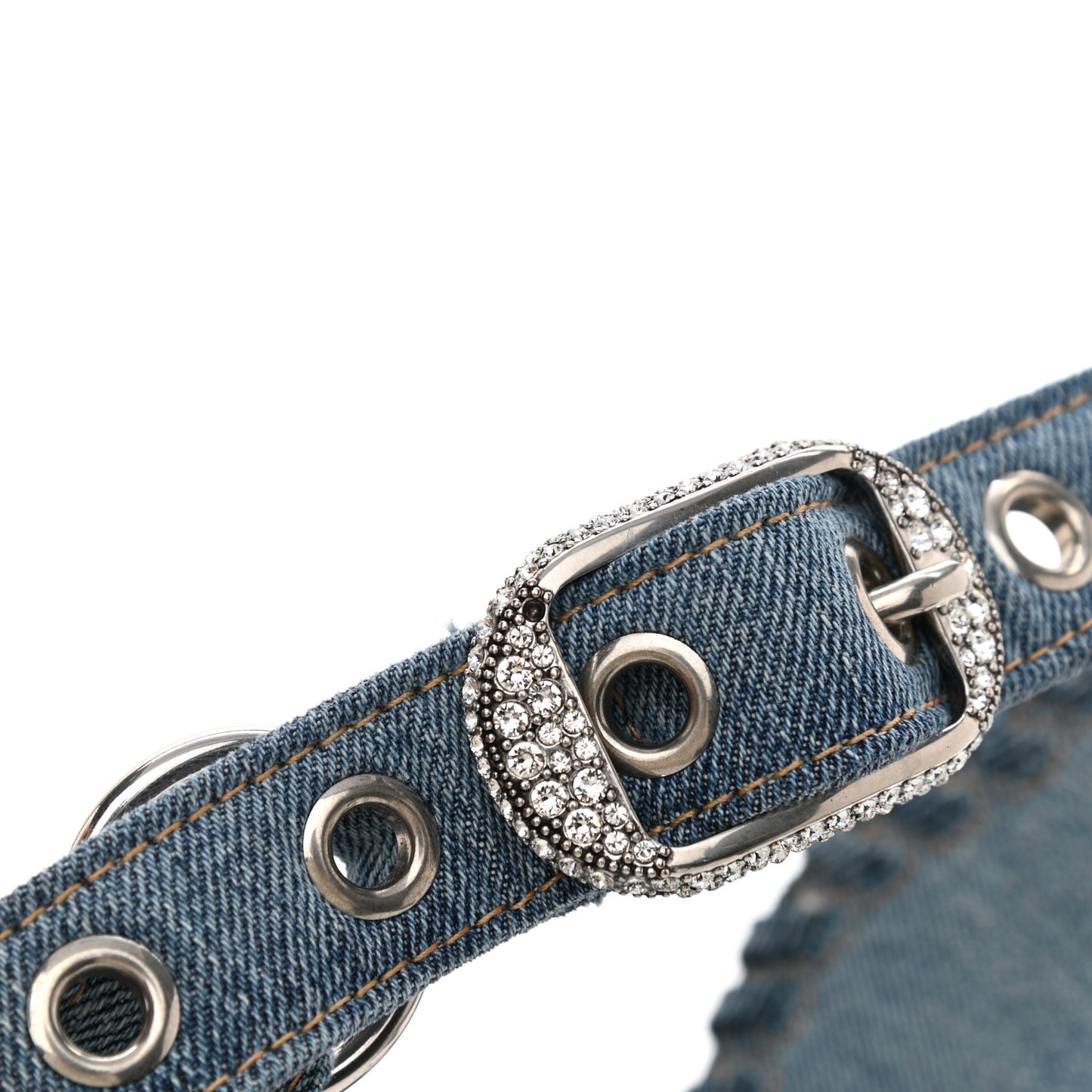 Washed Frayed Denim Crystal Le Cagole Shoulder Bag XS Blue