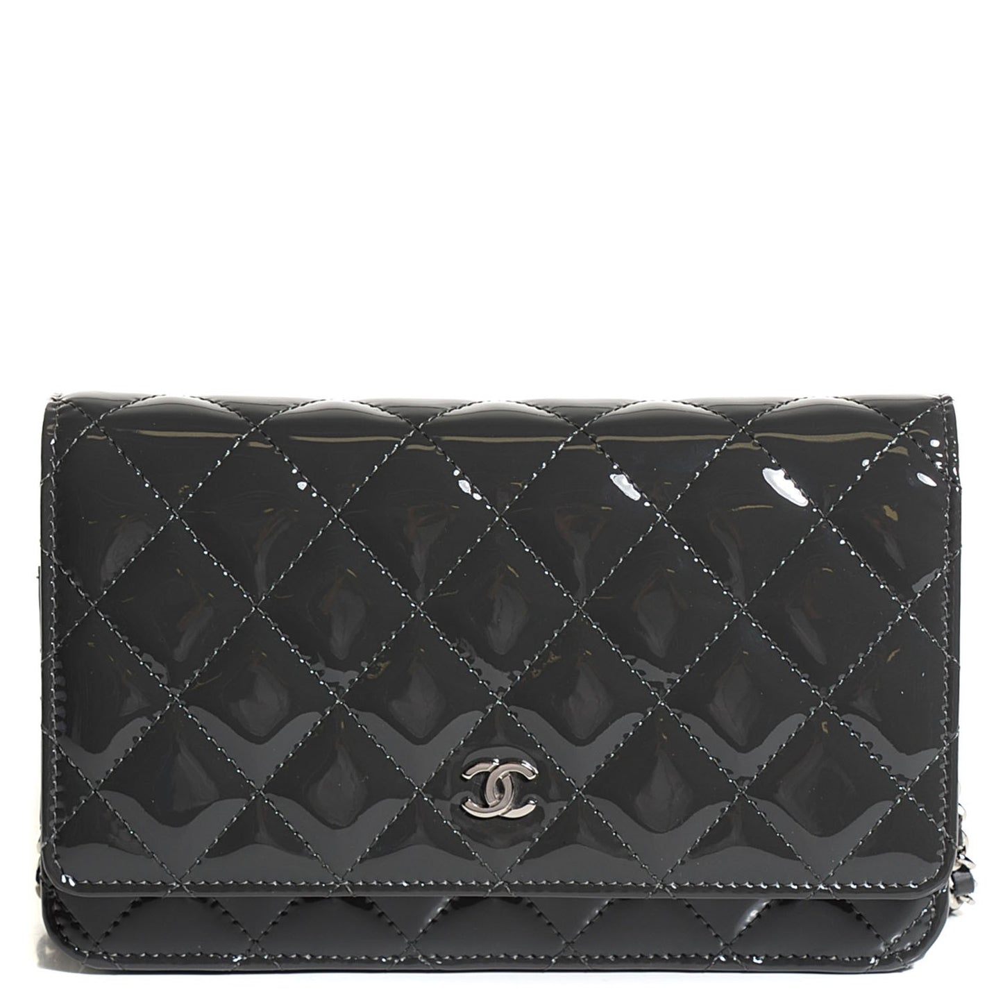 Patent Quilted Wallet On Chain WOC Dark Grey