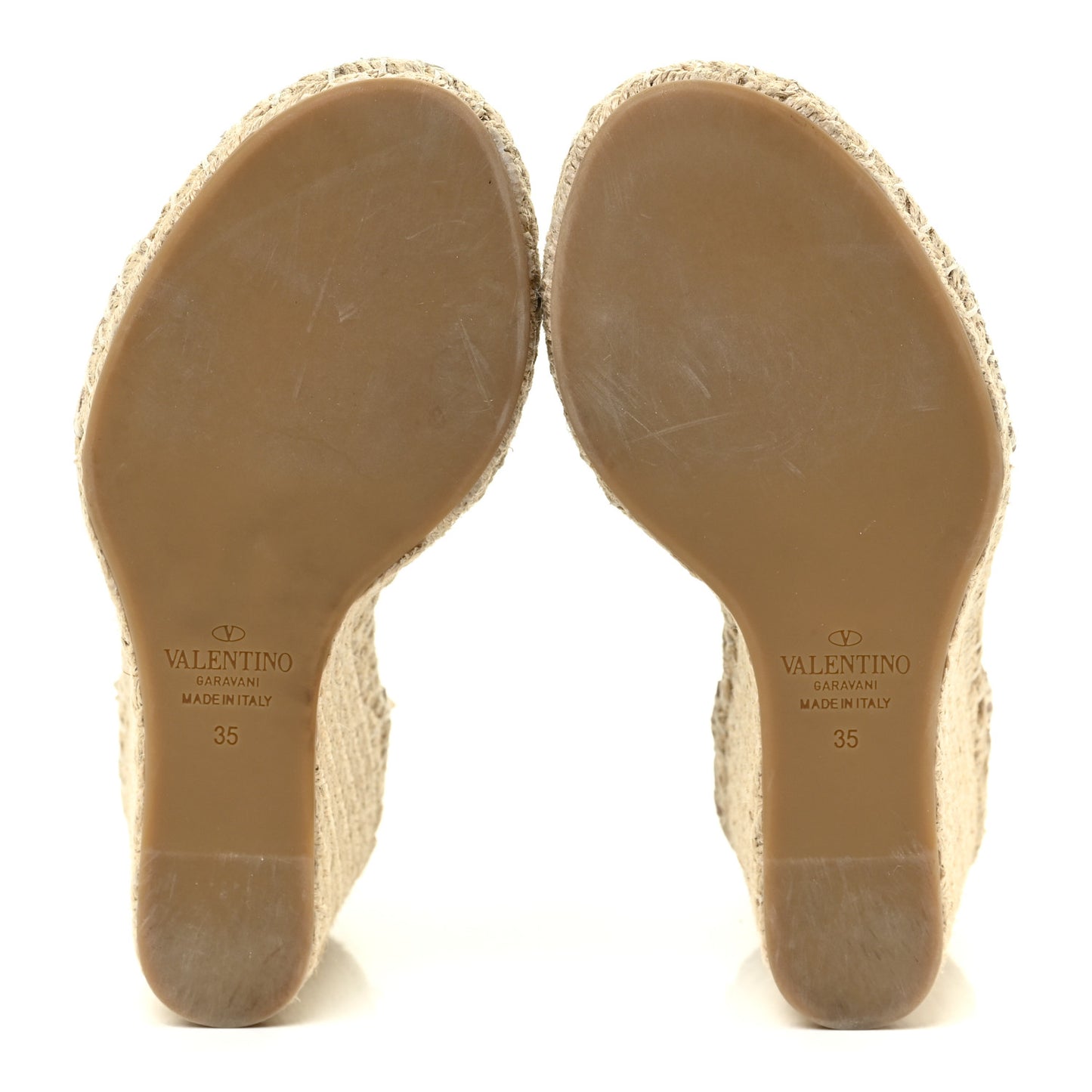 Grained Calfskin Rockstud Ankle Strap Espadrille 15/105mm Wedge Sandals 35 Poudre Natural