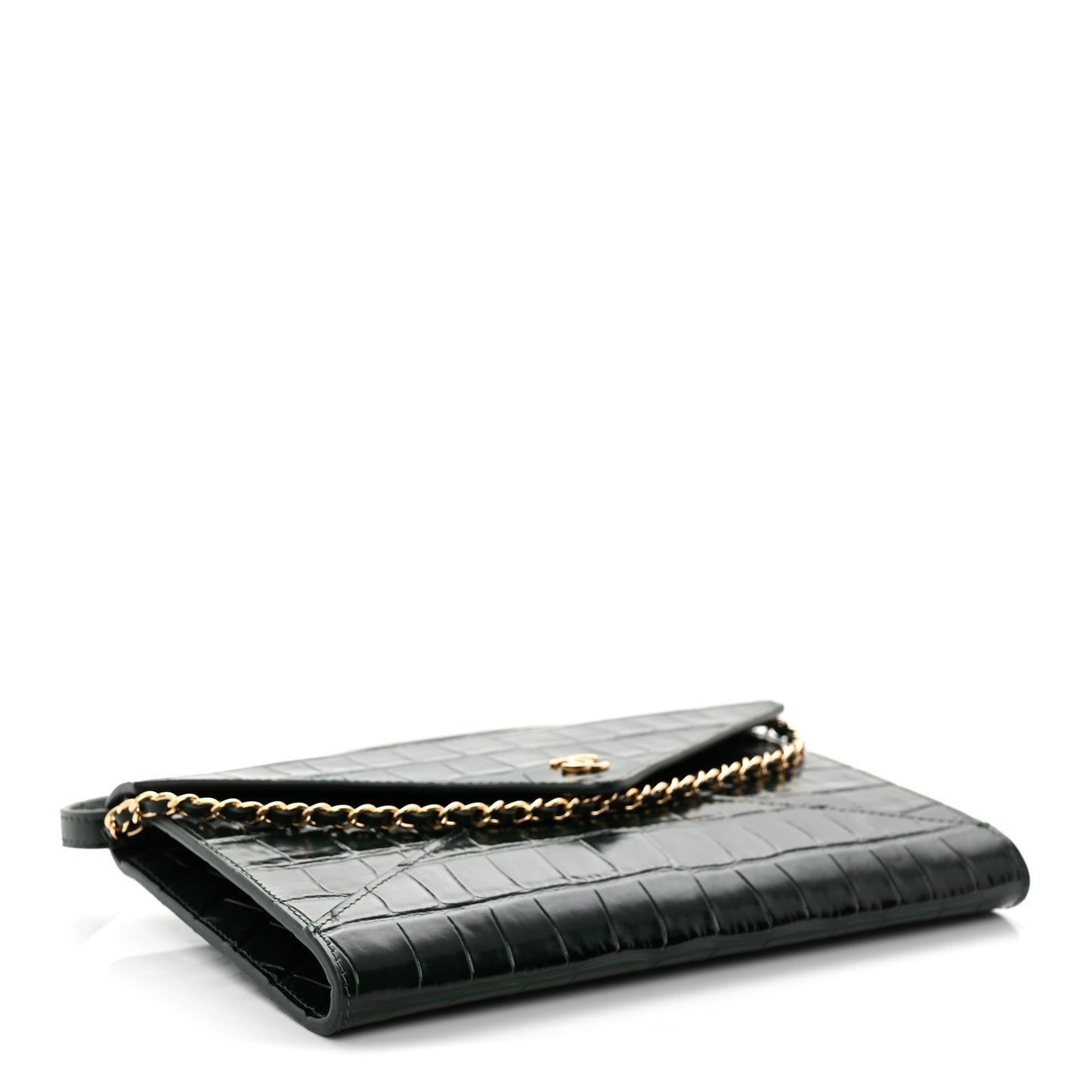 Calfskin Crocodile Embossed Envelope Clutch With Chain Emerald
