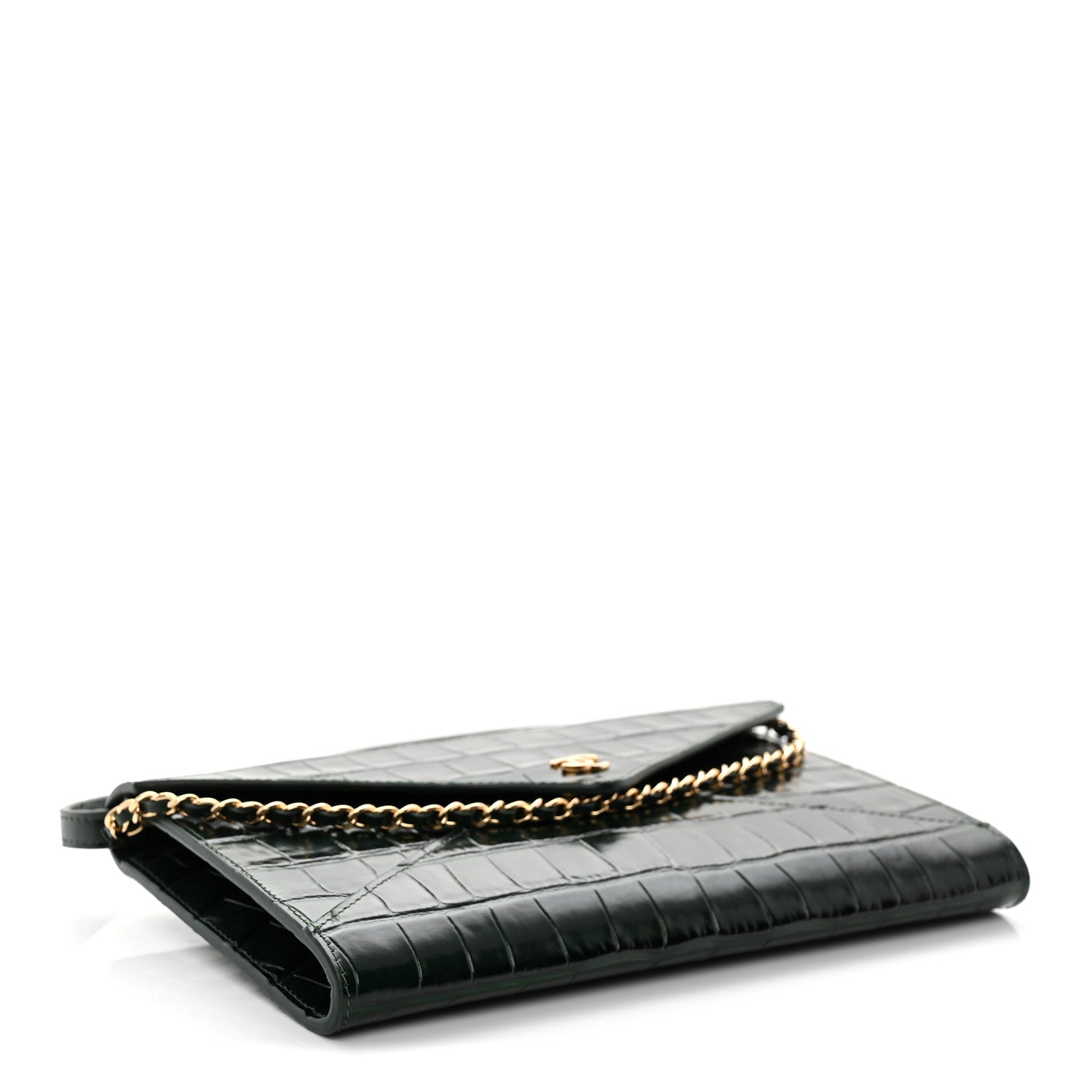 Chanel Calfskin Crocodile Embossed Envelope Clutch With Chain Emerald 4 of 10